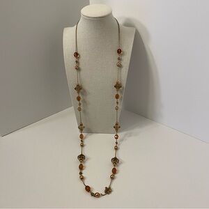 Vintage Amber Tone Necklace Glass Beaded Long Gold Tone Chain Station
